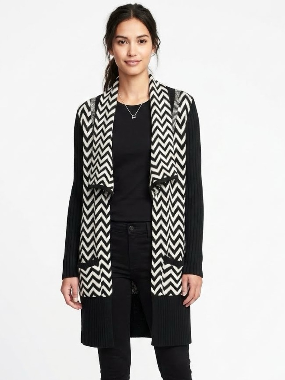 Chico's Black and White Chevron Open-Front Cardigan Size S